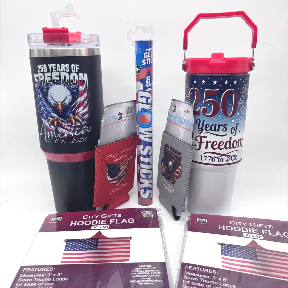 250th Anniversary Bundle Metal Cups Coozies Decals Hoodie Flag Magnet Glow Stick